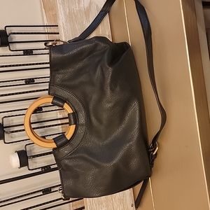 ANTHROPOLOGIE Wood Circle Handle Black Crossbody Tote Bag